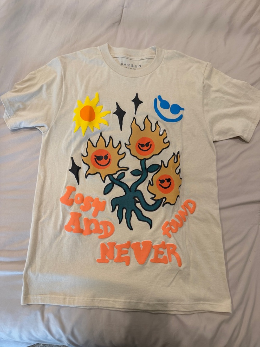 PacSun White Tee with Orange & Yellow Smiling Suns Graphic
